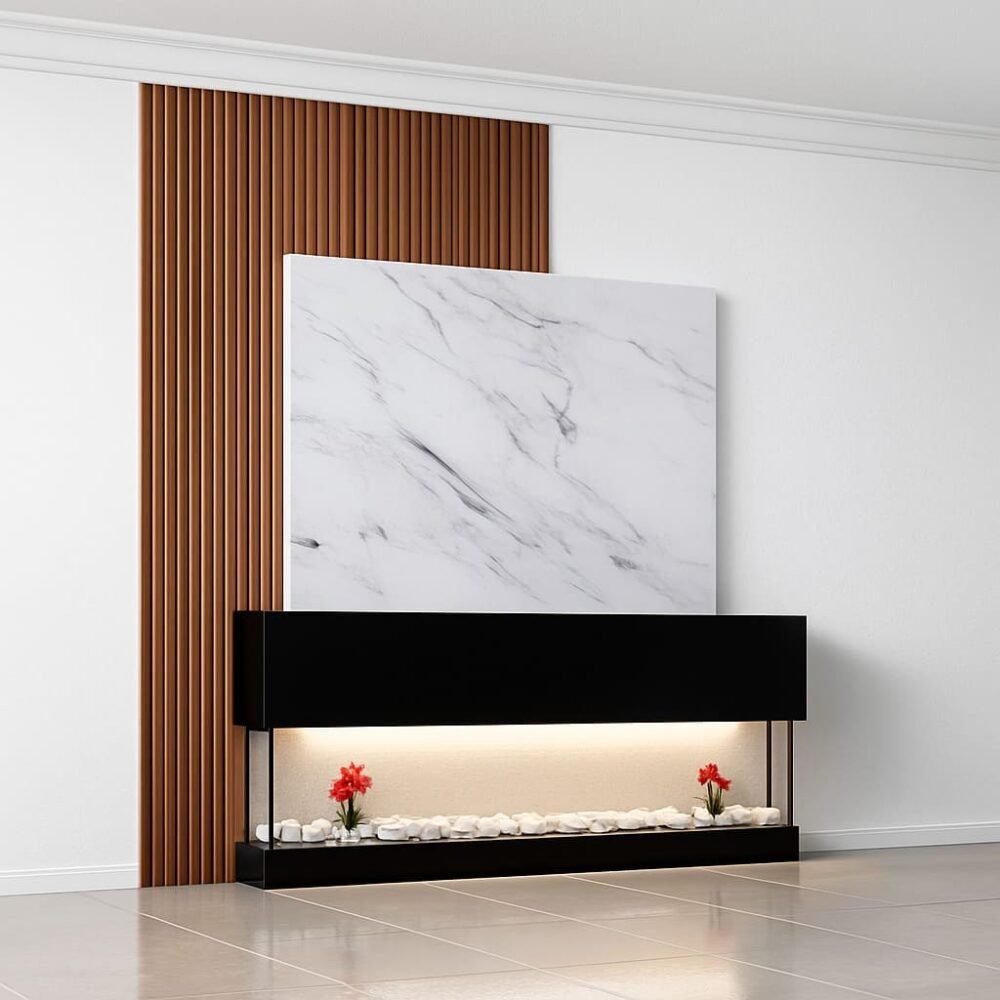 Modern LED TV Wall Unit with Marble & Wood Paneling – Luxury Floating ...