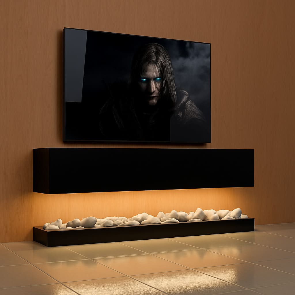 Modern LED TV Wall Unit with Marble & Wood Paneling – Luxury Floating Entertainment Console