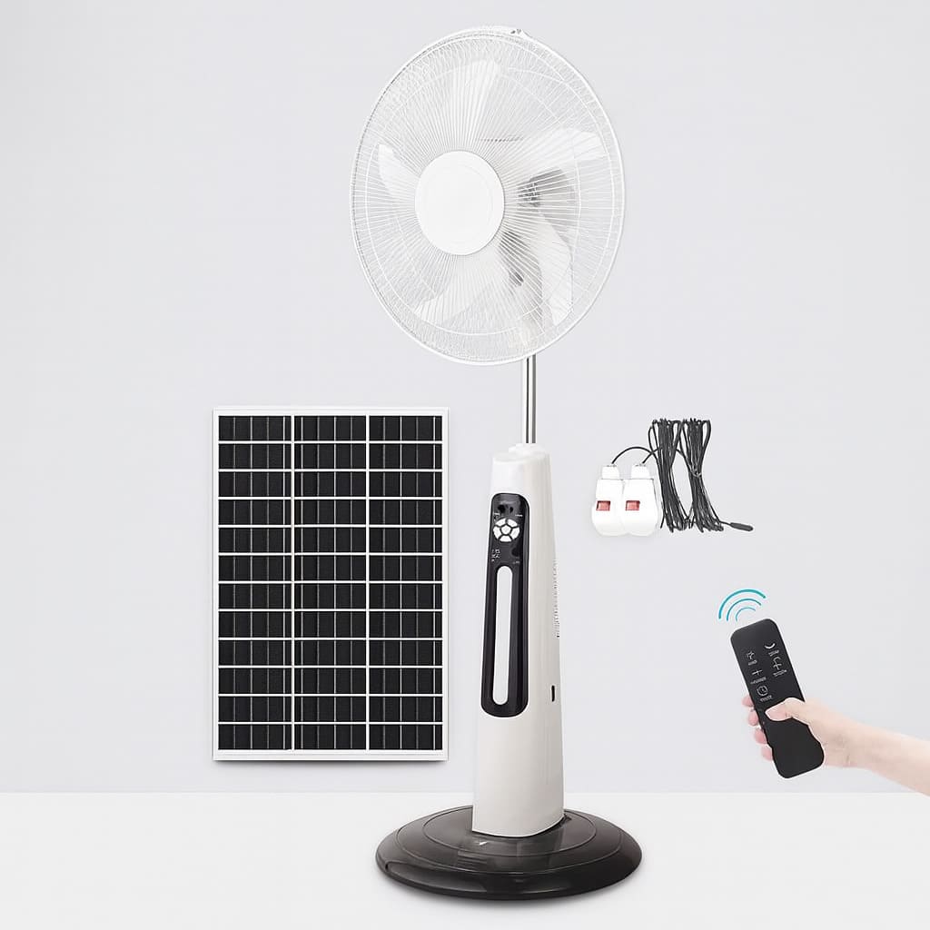 Rechargeable Solar Stand Fan – Energy-Saving Cooling with Remote Control